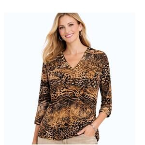 Ruby Rd. Brown Animal Print V-Neck Top With Gold Studs Size Medium  NWT